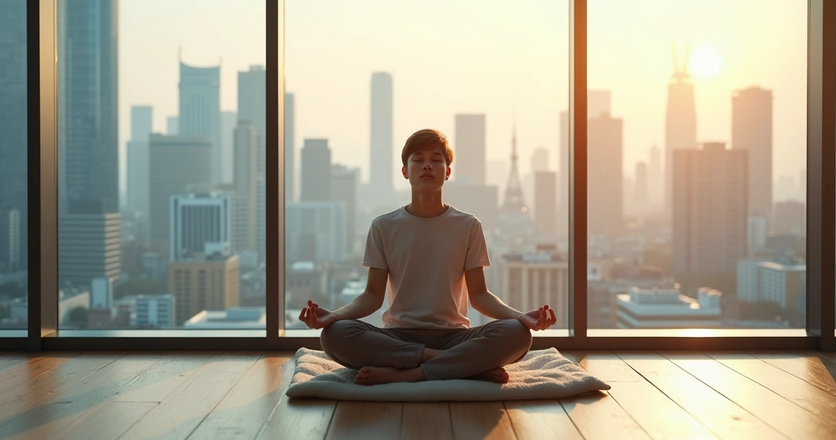 Person meditating with overlapping city skylines symbolizing transcultural stress 