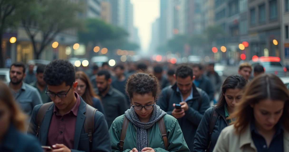Pessoas caminhando em uma calçada movimentada da cidade, cada uma olhando para seu próprio celular, parecendo desconectadas umas das outras 