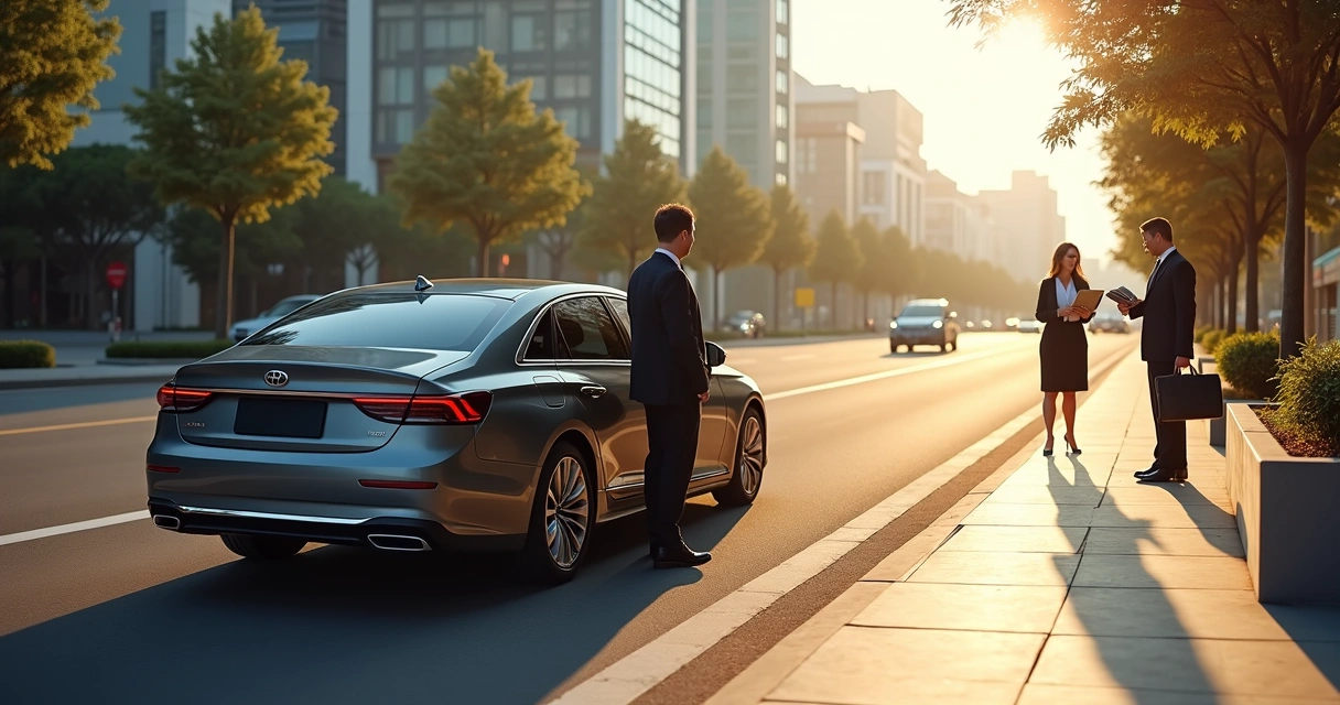 Sedã executivo parado em faixa exclusiva aguardando passageiro em calçada moderna de Curitiba 