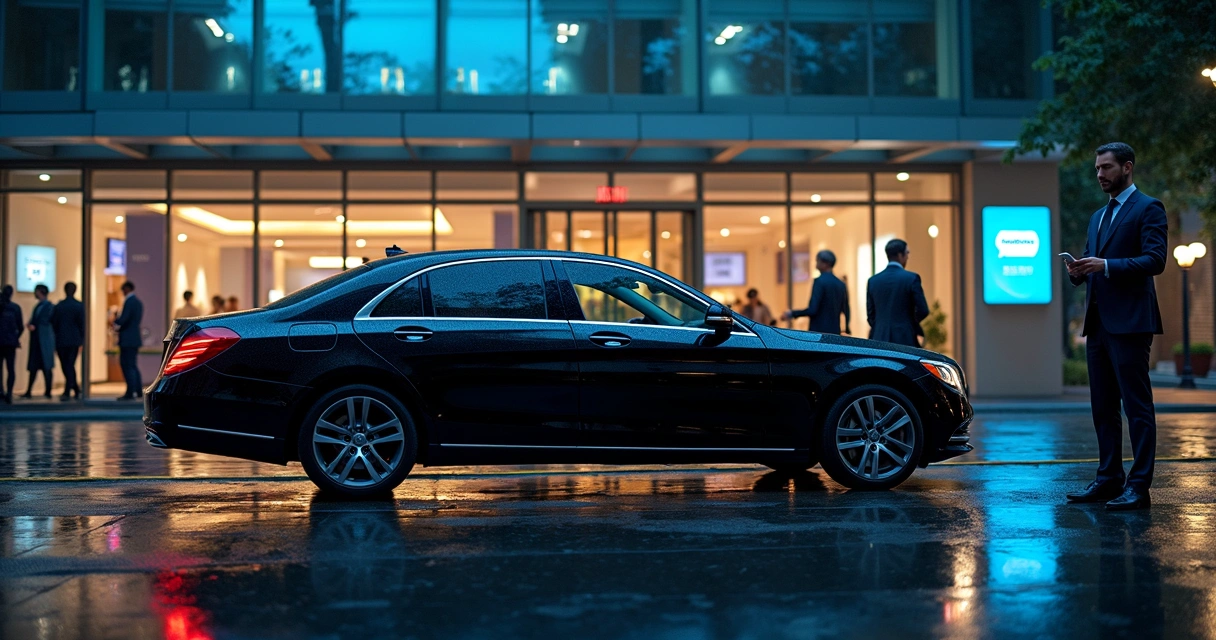 Carro executivo preto aguardando executivo em frente a centro de convenções moderno à noite 
