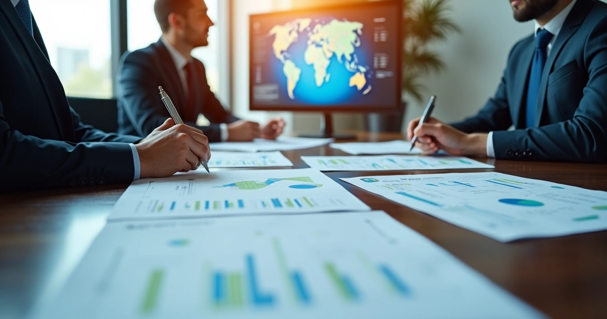 Pessoas analisando documentos de transferência internacional de ativos 