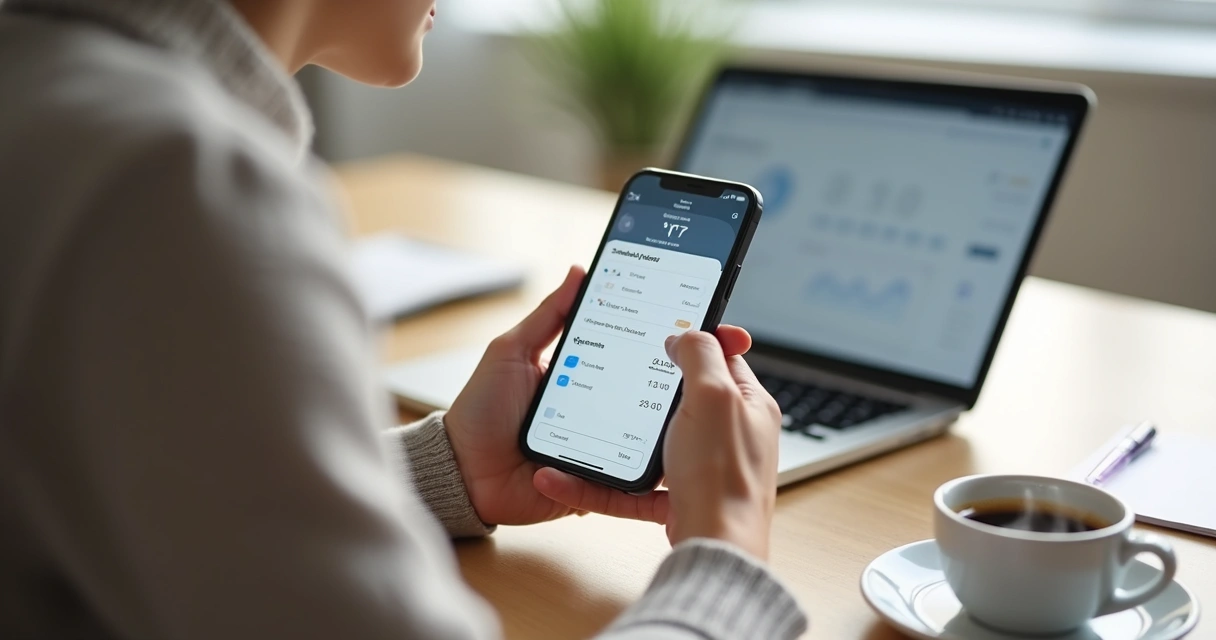 Pessoa agendando transferência bancária pelo celular em mesa com laptop e café 