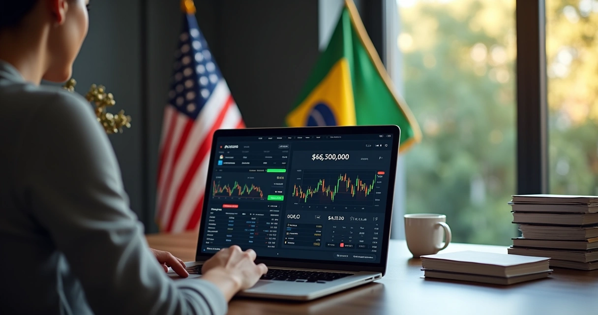 Como transferir dinheiro do Brasil para os EUA em 2026 1 Pessoa no laptop analisando tela com gráficos de câmbio e transferências bancárias internacionais