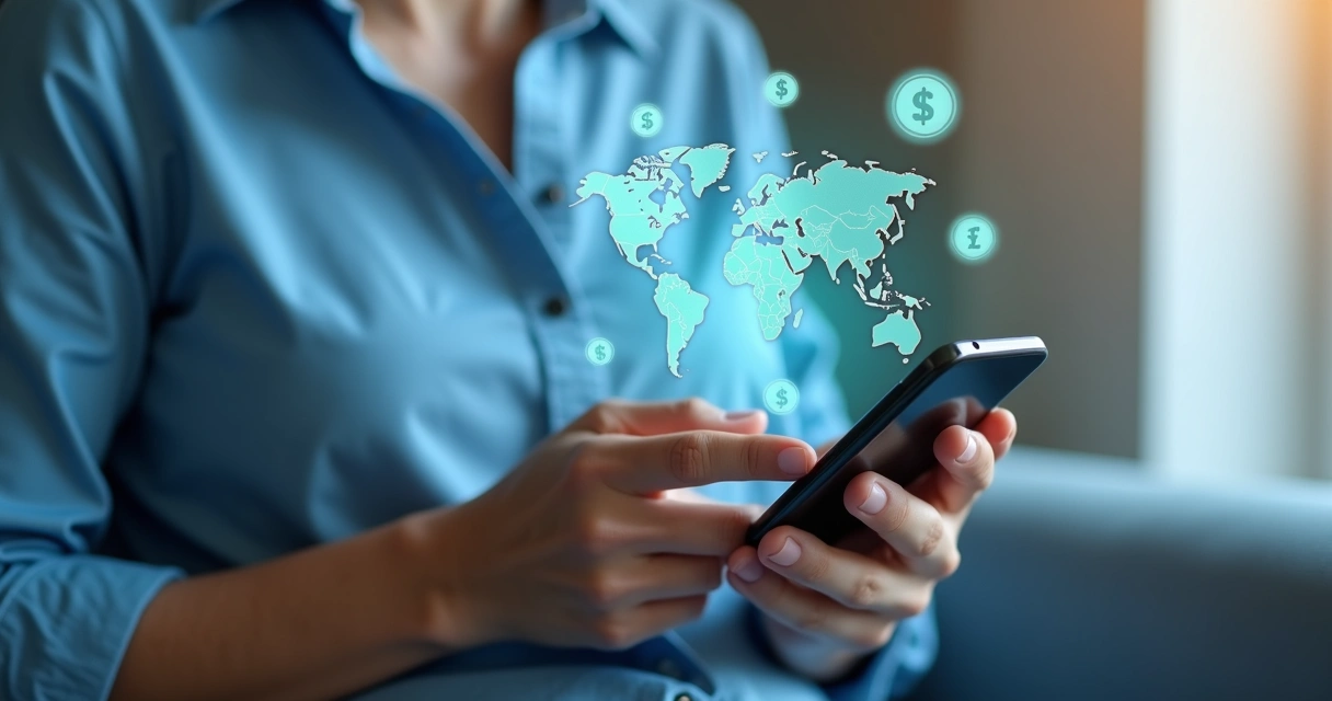 Pessoa usando o celular para enviar dinheiro para o exterior, com ilustrações de moedas e mapas digitais no fundo