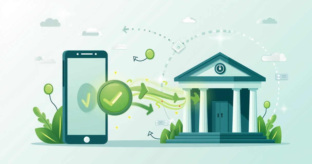 Transferência bancária com dinheiro indo de uma tela digital para um banco 