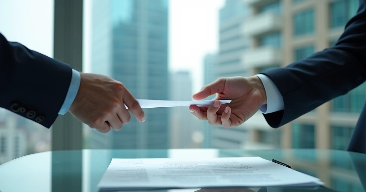 Mãos trocando documento na frente de prédio corporativo 