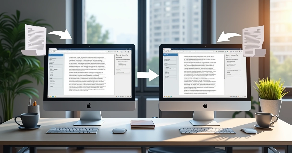 Tela dividida mostrando exportação de conteúdo de blog em um desktop e a importação em outro computador 