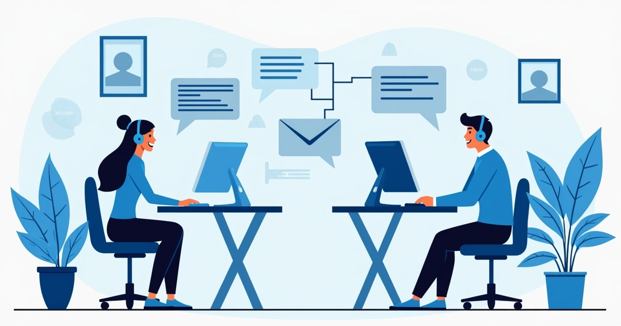 Ilustração de bot e humano trocando atendimento 