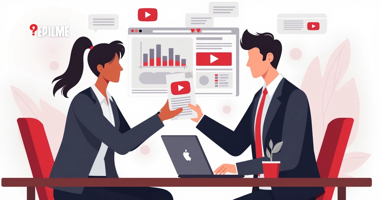 Duas pessoas realizando a transferência de propriedade de um canal YouTube em um notebook aberto. 