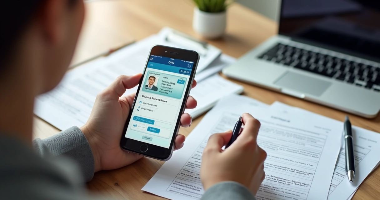 Tela de aplicativo de CNH digital no celular sobre fundo de mesa com documentos e caneta