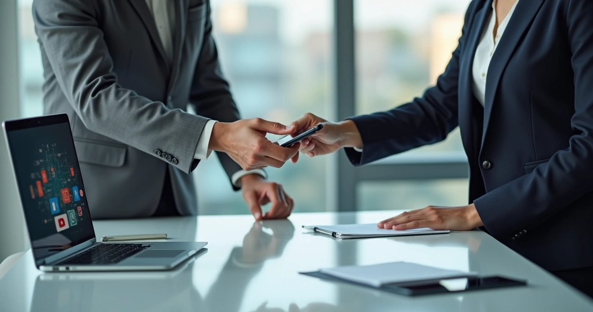 Transferência de conta digital entre duas pessoas com ícones de redes sociais ao fundo. 