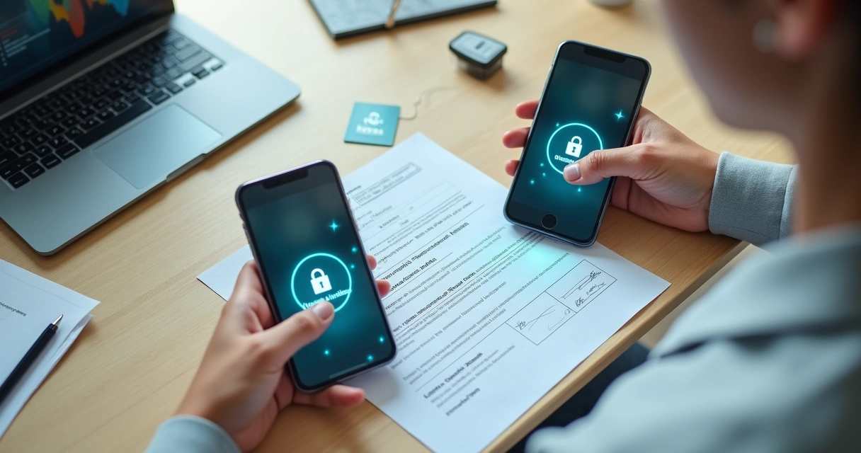 Mesa com dois smartphones, cartão de identidade, notebook e ícones de segurança digital 