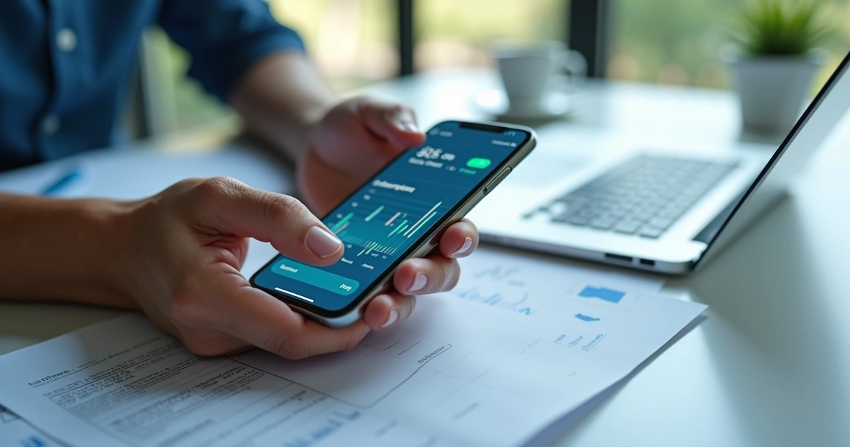 Mãos segurando smartphone com aplicativo financeiro aberto mostrando gráficos e troca de documentos digitais 