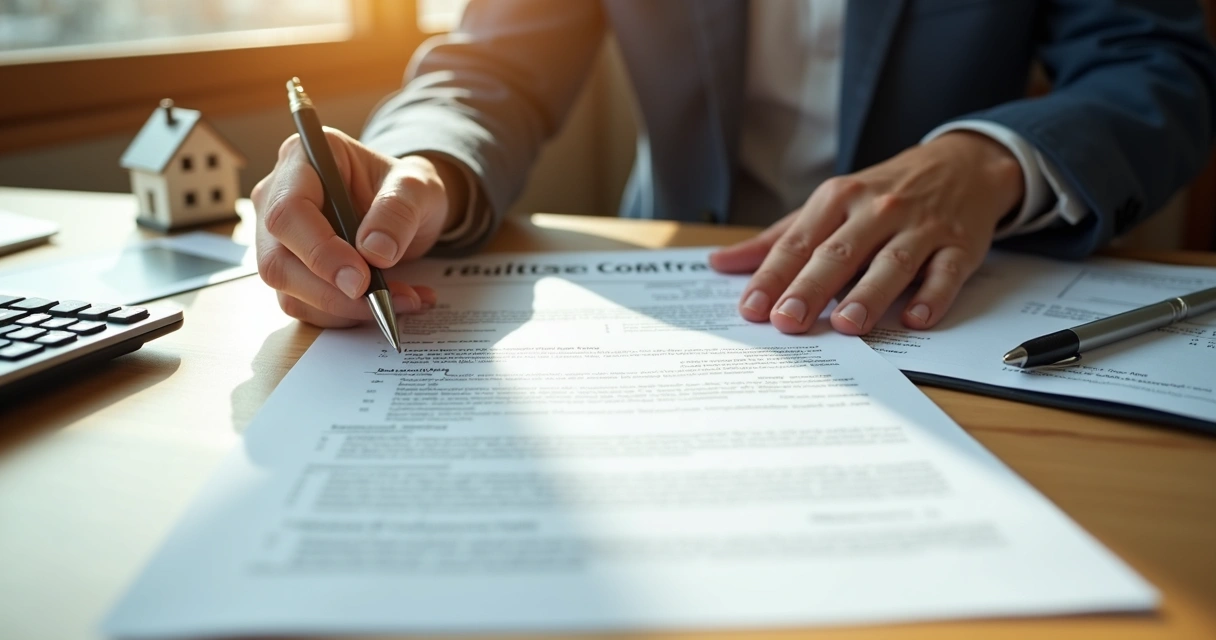 Pessoa analisando documentos e contrato de compra de imóvel em mesa de escritório 