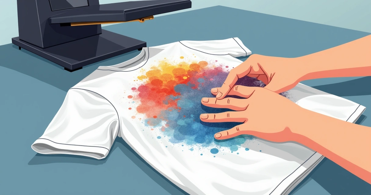 Detalhe de transferência DTF sendo aplicada em camiseta branca