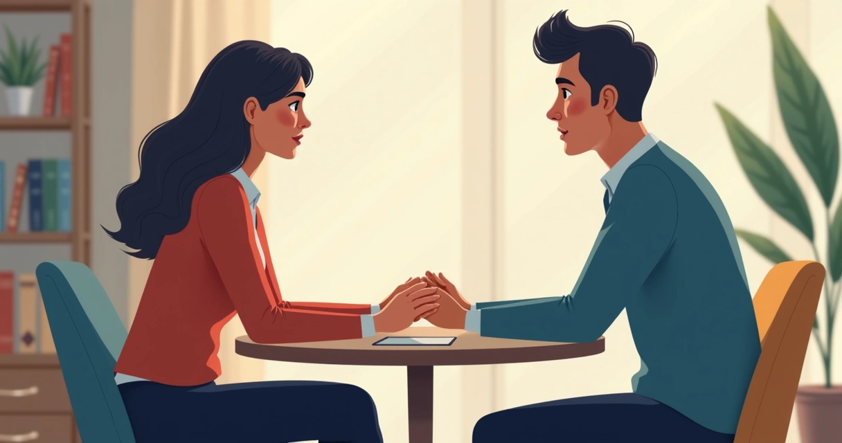 Duas pessoas em sessão de coaching, expressando emoções sutis em um ambiente de conversa confidencial 