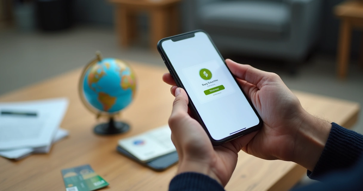 Pessoa segurando celular mostrando tela de transferência internacional 