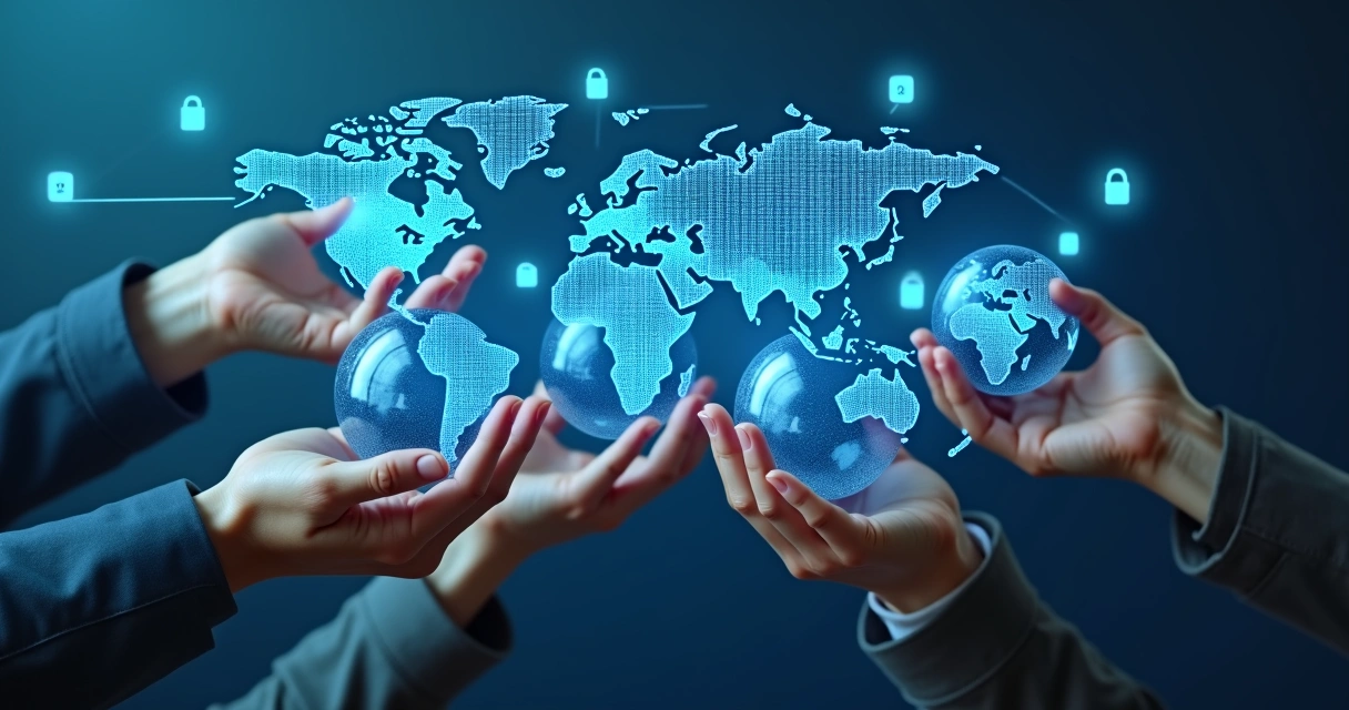 Mãos segurando globos e conexões digitais entre países 