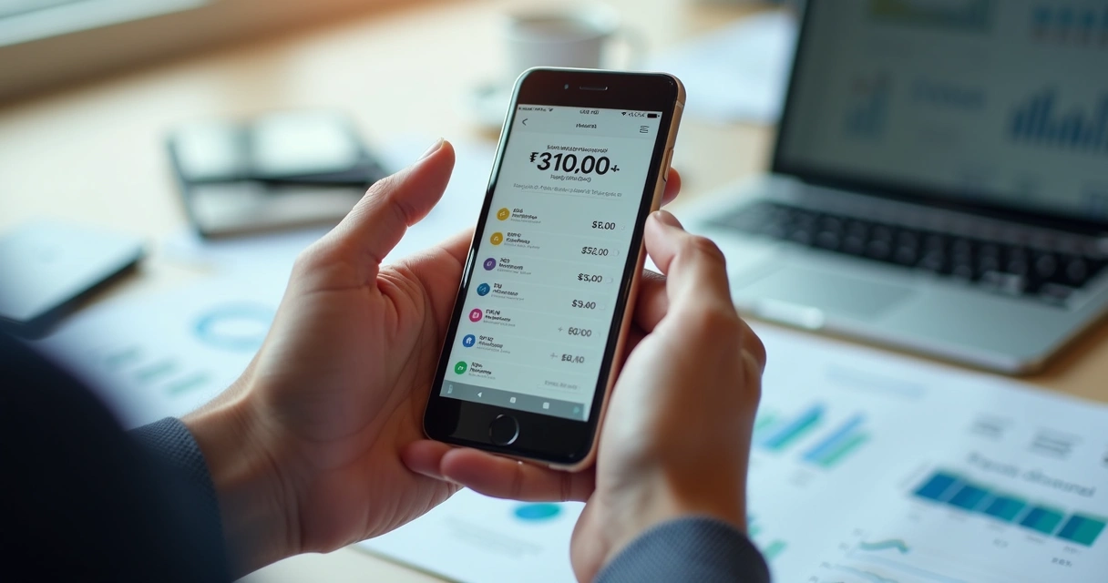 Mãos segurando smartphone mostrando app de transferência internacional com gráficos financeiros ao fundo 
