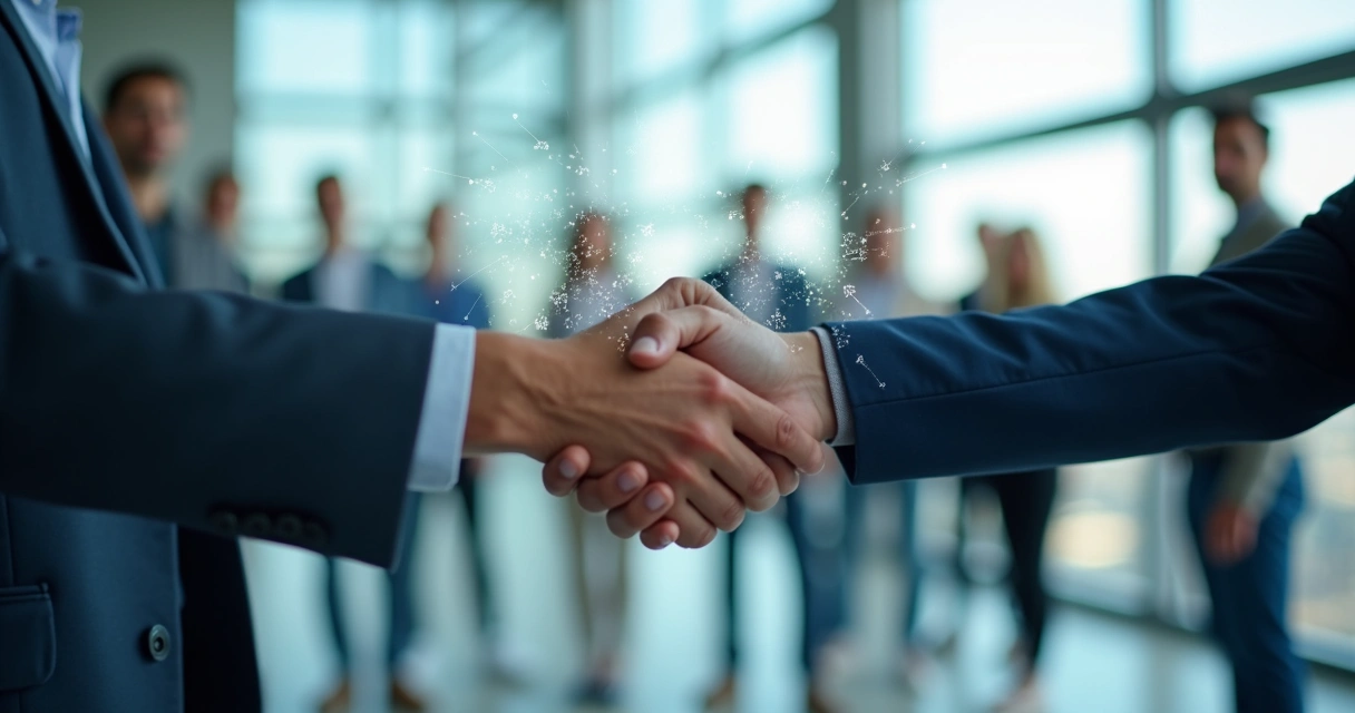 Símbolo de passagem de liderança nas startups, representado por uma troca de bastão entre líderes em ambiente moderno