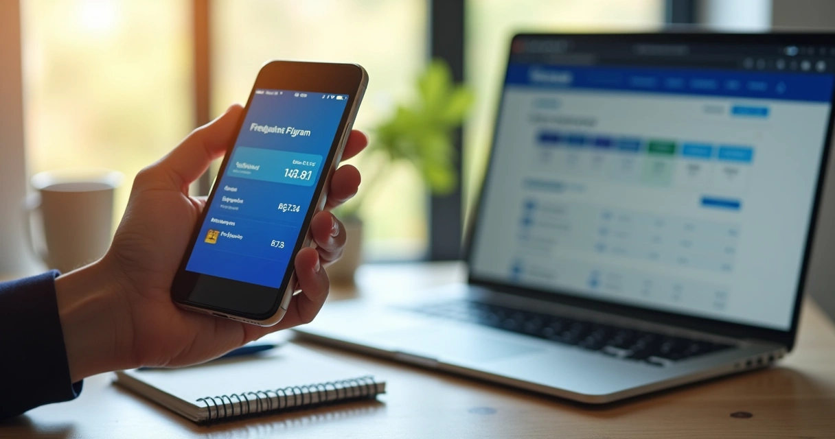 Pessoa verificando app de banco e programa de fidelidade lado a lado 