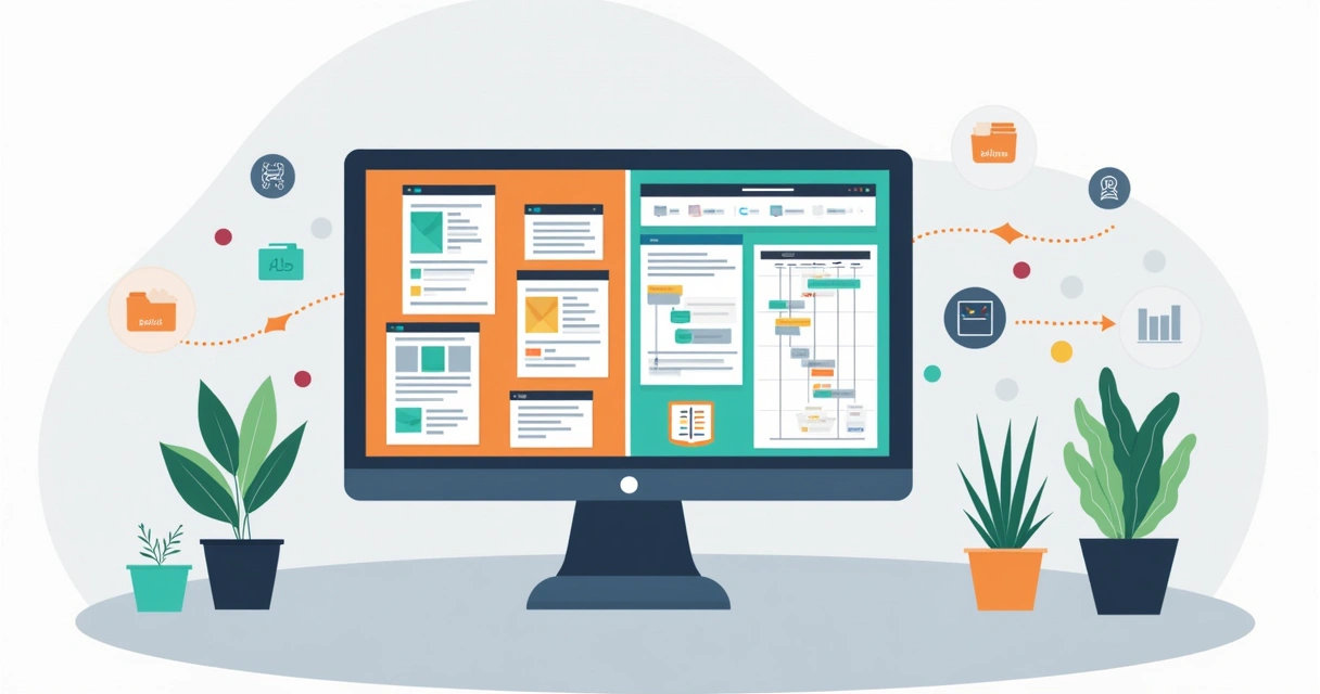 Ilustração corporativa mostrando computador com tela dividida, projetos antigos à esquerda e MS Project à direita, setas indicando transferência 