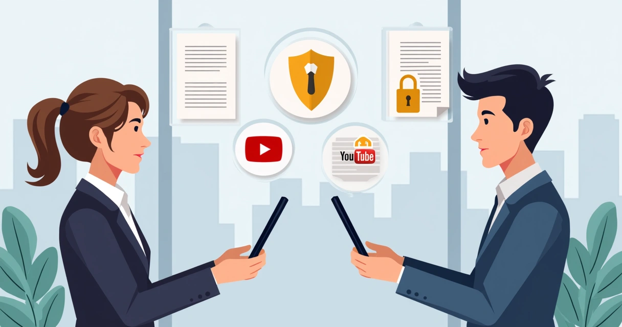 Dois profissionais trocando documentos digitais com ícones de cadeado