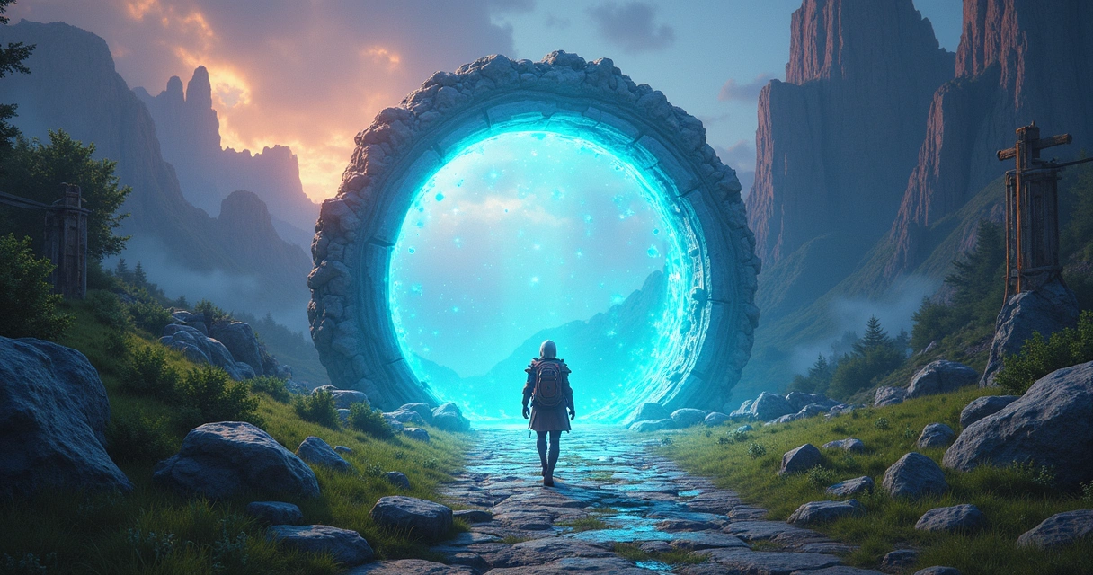 Personagem atravessando portal de transferência de servidor no Tibia 