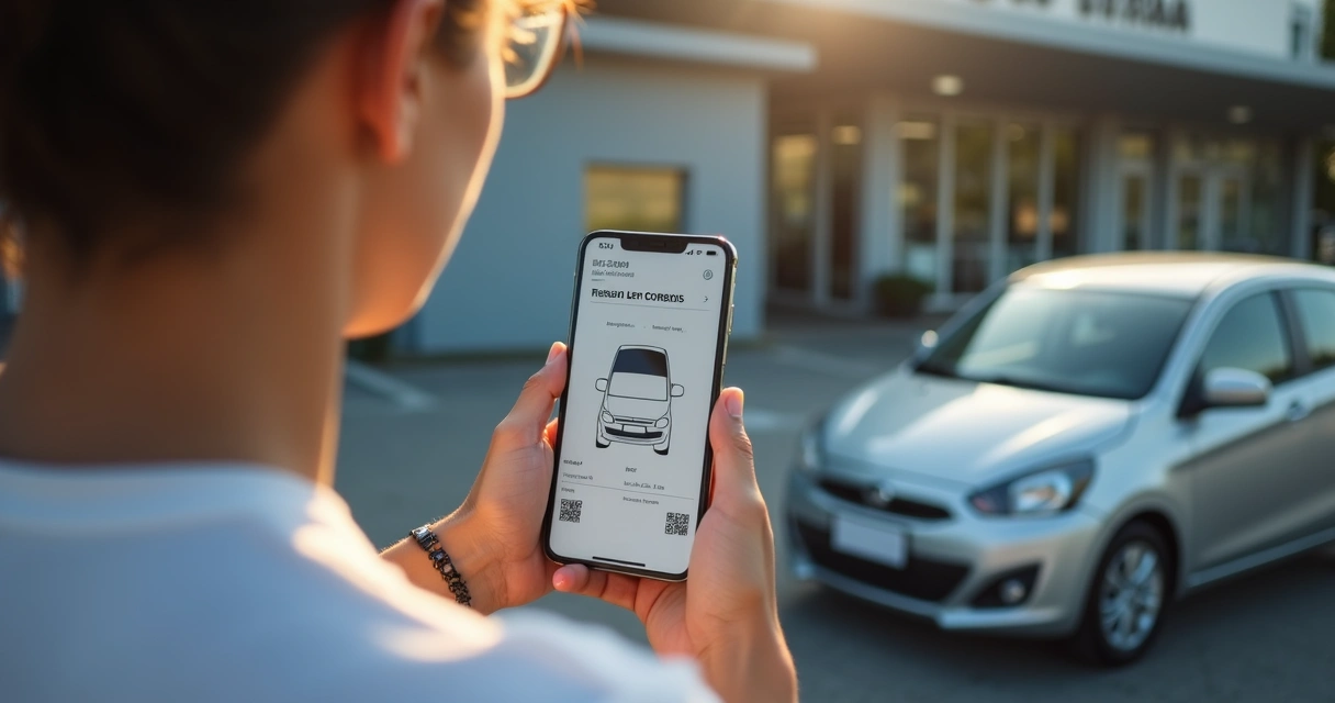 Pessoa usando celular para assinar digitalmente transferência de veículo em frente ao carro 