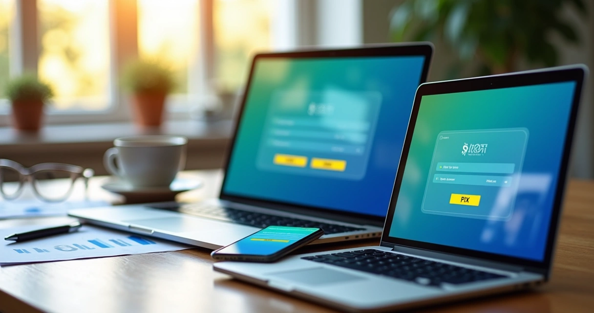 Dispositivos digitais exibindo opções TED, DOC e PIX para transferências bancárias 