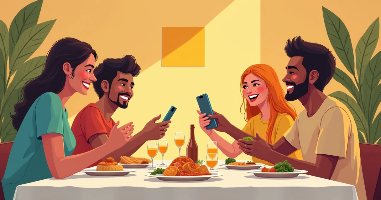 Grupo de amigos felizes em jantar, realizando transferências digitais entre eles com um celular.