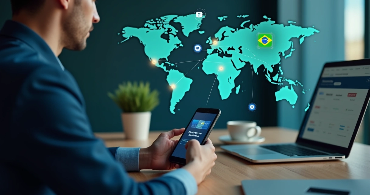 Pessoa usando smartphone para fazer transferência internacional instantânea com mapa do mundo e moedas digitais no fundo 