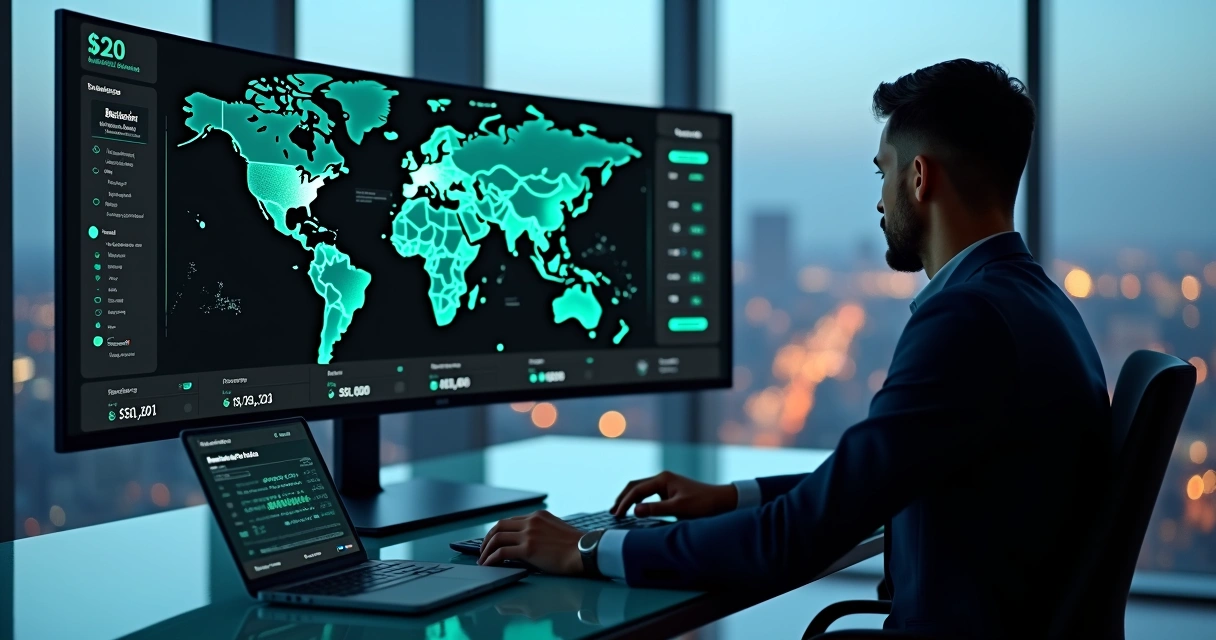 Executivo acompanhando transferências multimoeda instantâneas em painel digital com mapa mundial 