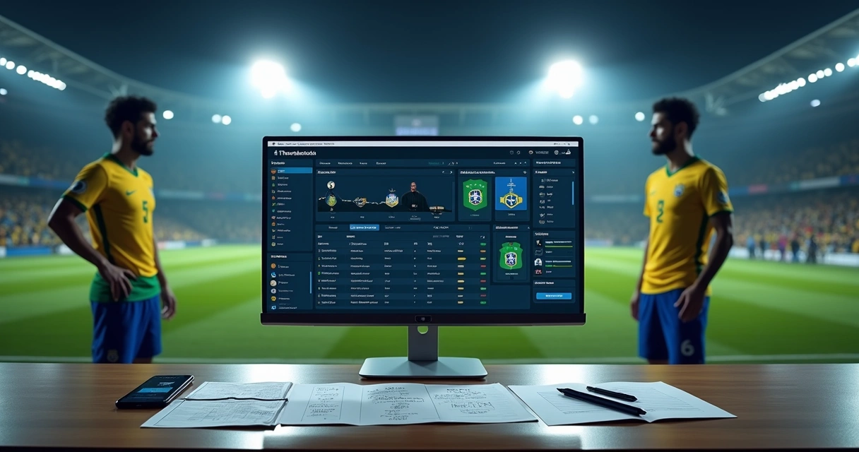 Tela de computador com página do Transfermarkt e jogadores brasileiros ao fundo 