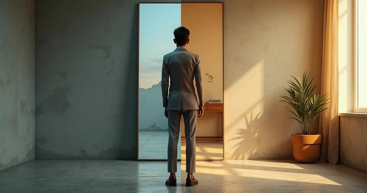 Pessoa diante de um espelho rachado de um lado e claro do outro simbolizando mudança superficial e transformação autêntica 