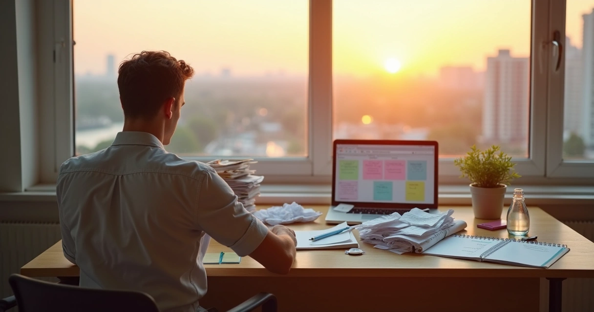 Pessoa escrevendo metas com calma enquanto observa uma paisagem urbana ao amanhecer 