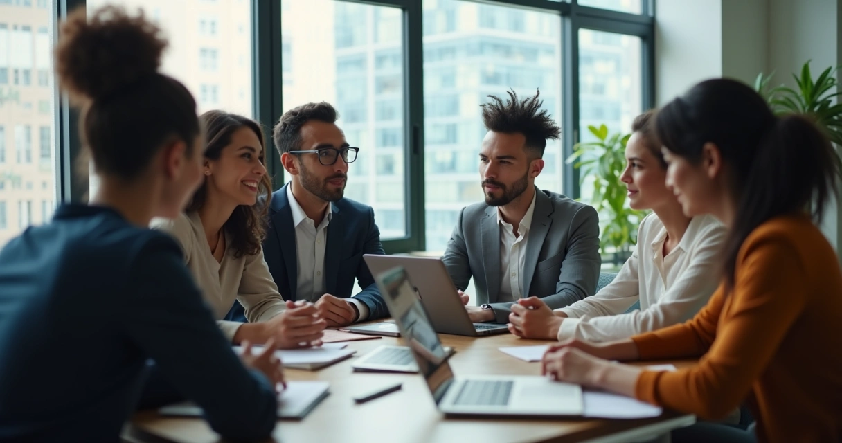 Grupo de profissionais em roda de conversa refletindo sobre comportamentos no ambiente de trabalho 