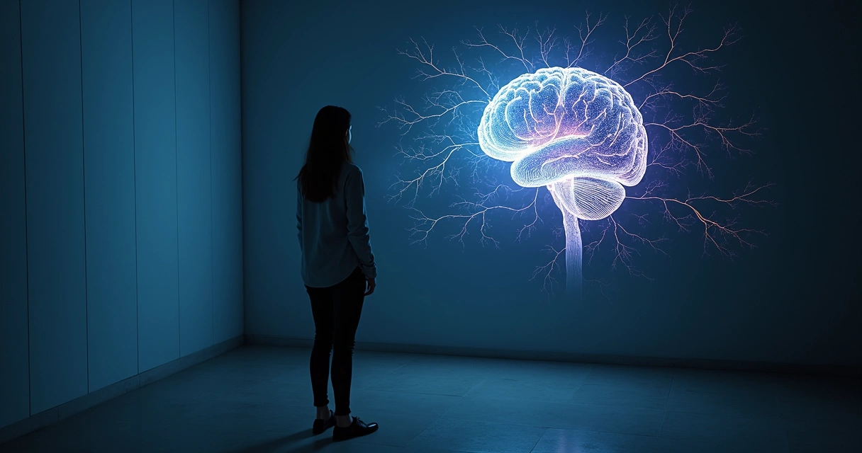 Mulher observando uma projeção neural na parede, ilustrando reflexão e transformação pessoal