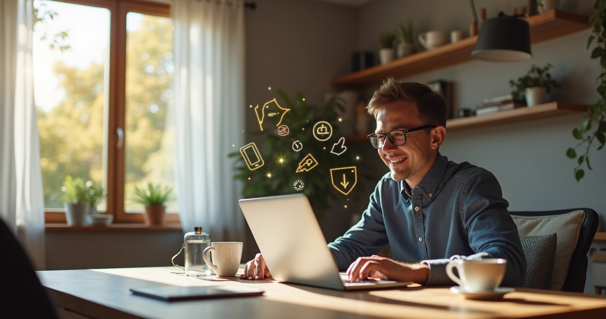 Pessoa comemorando conquista profissional em casa com laptop aberto 