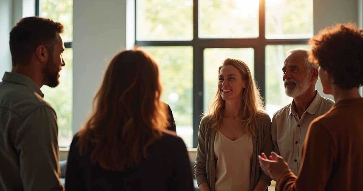 Grupo de pessoas de diferentes idades e estilos conversando, um ao lado do outro em um círculo 