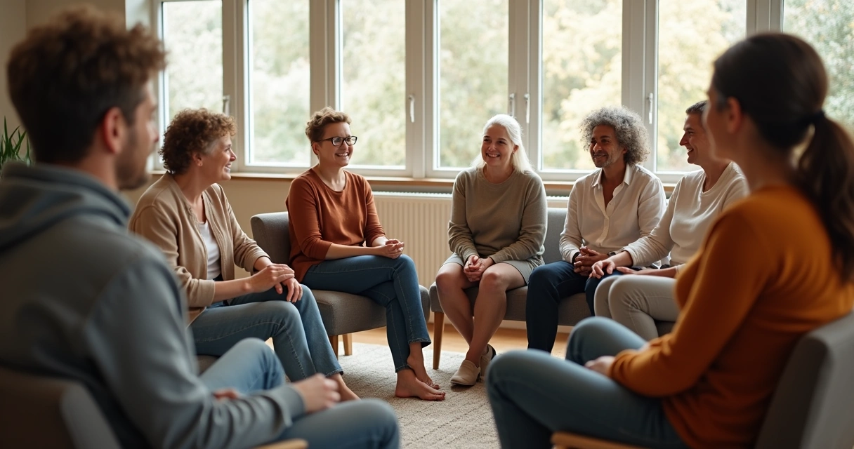 Grupo de pessoas sentadas em círculo, conversando e sorrindo, em uma sala iluminada 