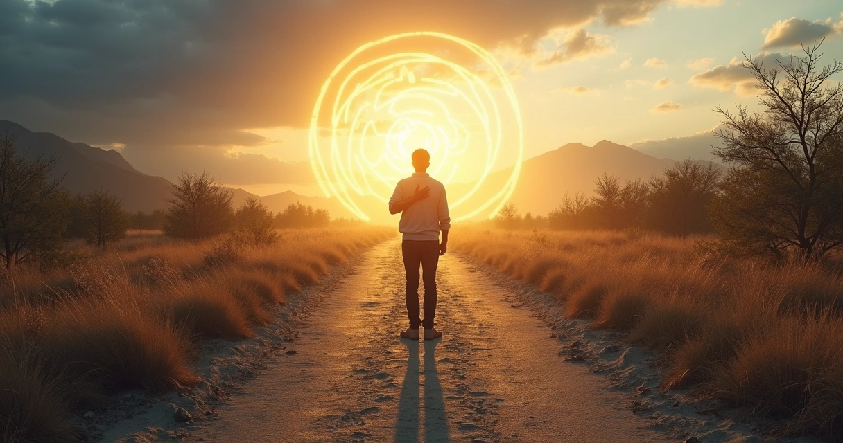 Pessoa em pé diante de caminho se dividindo em sombra e luz, escolhendo direção alinhada 