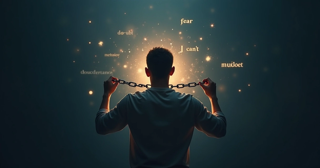 Pessoa quebrando correntes mentais com luz surgindo atrás da cabeça 