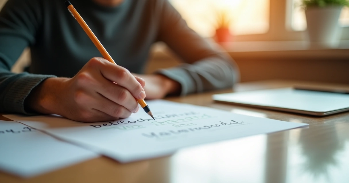 Anotações à mão de crenças e pensamentos em folha de papel, lápis ao lado 