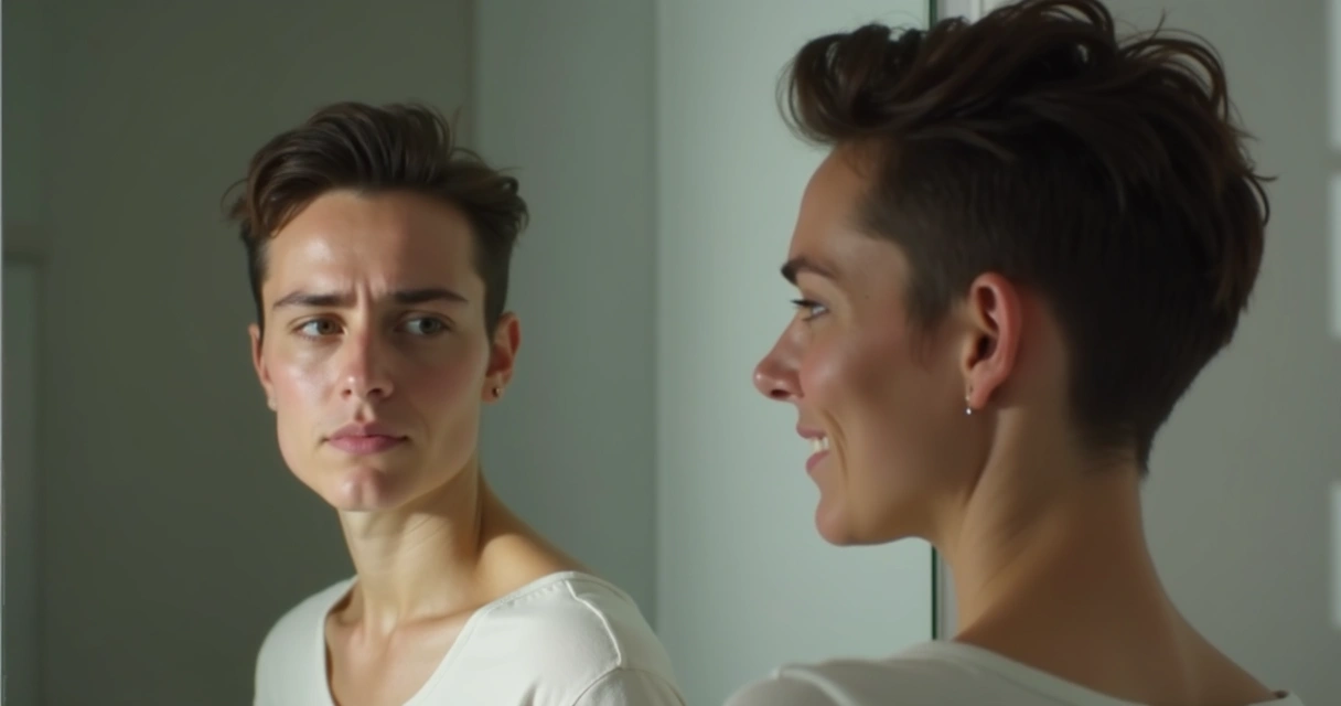 Pessoa diante de espelho, com expressões diferentes refletidas 