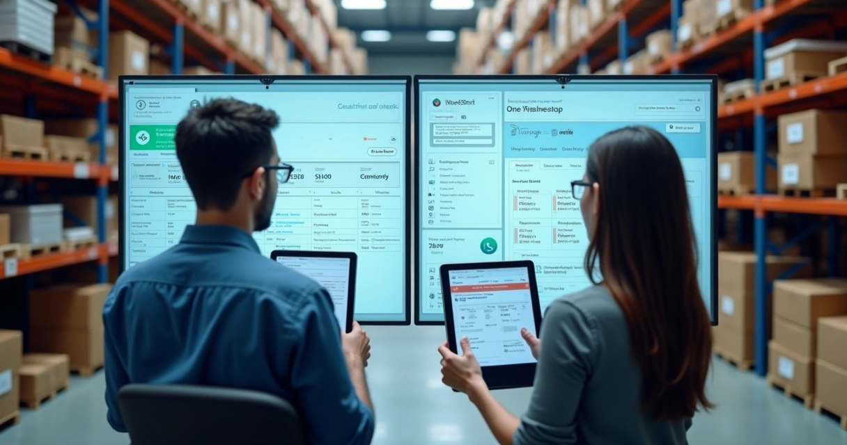 Transformação digital no comércio entre empresas, mostrando prateleiras e laptops 
