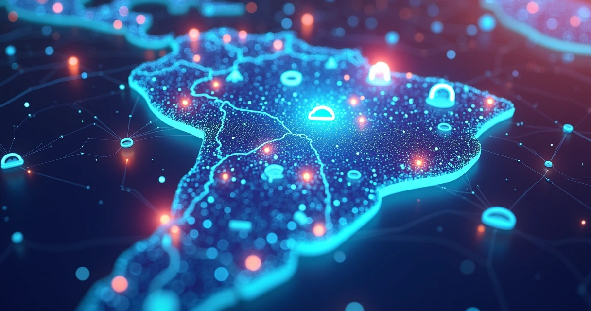 Mapa do Brasil com conexões digitais e ícones de serviços online