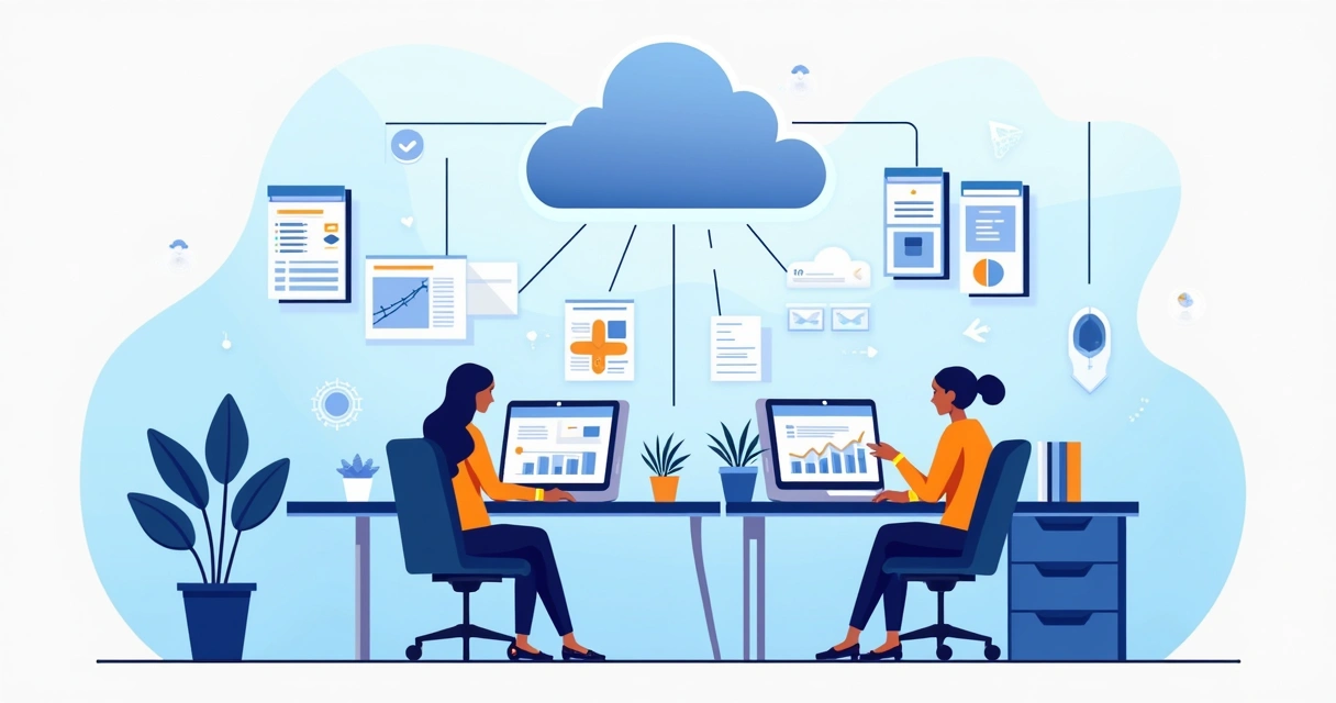 Transformação digital em cobrança, empresa conectada, nuvem, equipe adaptando-se a novos sistemas 