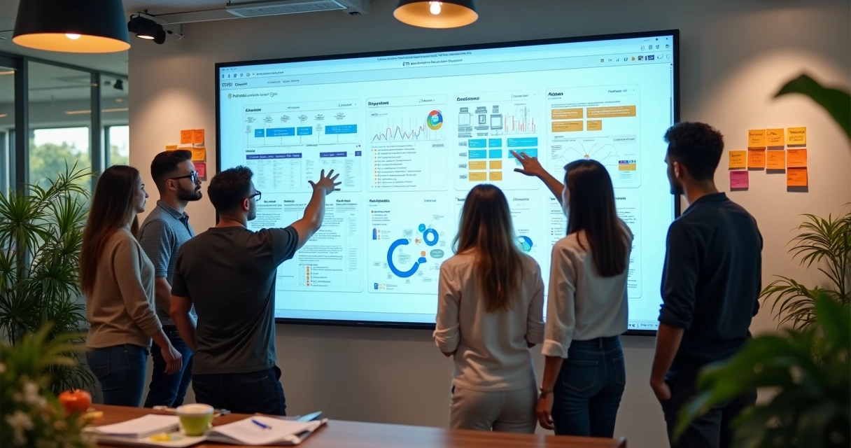 Colaboradores de diferentes áreas analisando processos em painéis digitais na empresa 