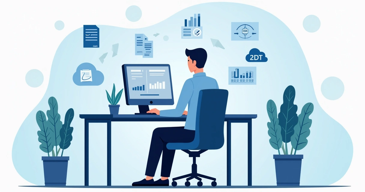 Ilustração de um contador utilizando um software moderno de automação com relatórios e ícones digitais ao redor 